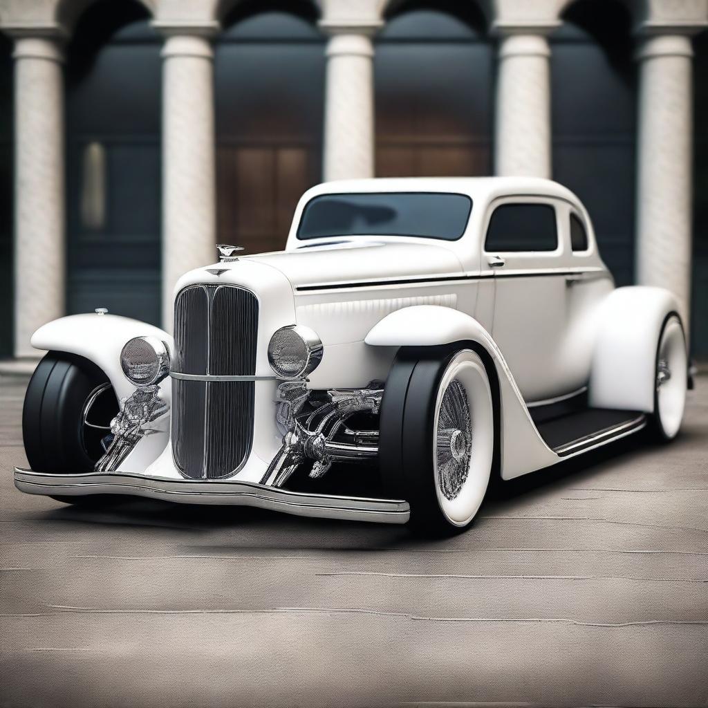 Create a custom hypercar that is a fusion of a white 4-door 1932 Buick Victoria sedan and a McLaren