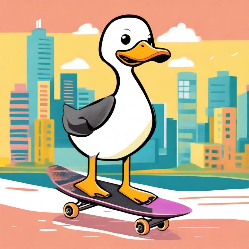 Create a fun and whimsical image of a duck riding a skateboard