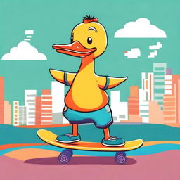 Create a fun and whimsical image of a duck riding a skateboard