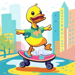 Create a fun and whimsical image of a duck riding a skateboard