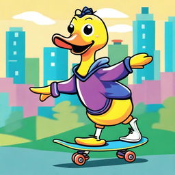 Create a fun and whimsical image of a duck riding a skateboard