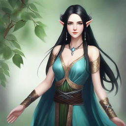 Create a full body picture of a female high elf druid with a noble background