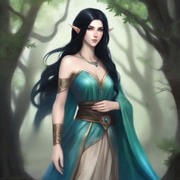 Create a full body picture of a female high elf druid with a noble background