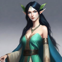 Create a full body picture of a female high elf druid with a noble background