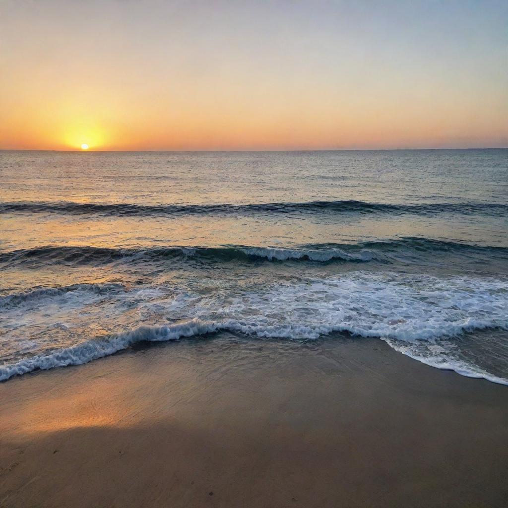 A serene view of the ocean at sunset. The calm sea reflects the setting sun like a mirror, creating a soothing, tranquil scene.