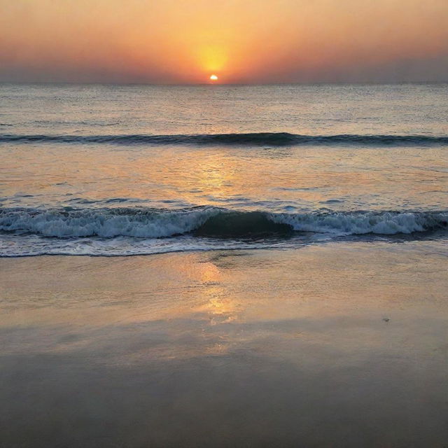 A serene view of the ocean at sunset. The calm sea reflects the setting sun like a mirror, creating a soothing, tranquil scene.