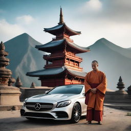 A Buddhism warrior, dressed in traditional robes and holding a sword, is kneeling in a respectful pose before a sleek, modern Mercedes car