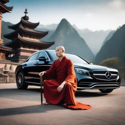 A Buddhism warrior, dressed in traditional robes and holding a sword, is kneeling in a respectful pose before a sleek, modern Mercedes car