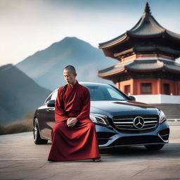 A Buddhism warrior, dressed in traditional robes and holding a sword, is kneeling in a respectful pose before a sleek, modern Mercedes car