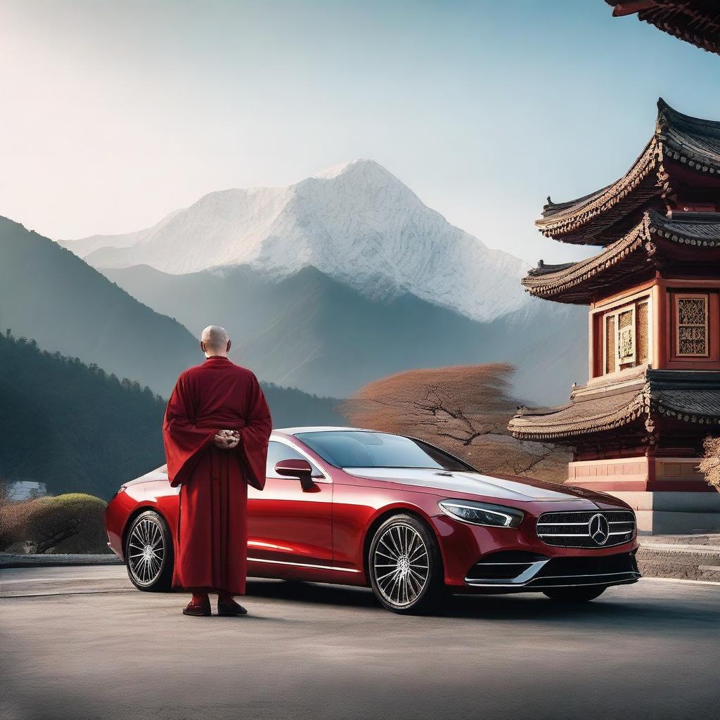 A Buddhism warrior, dressed in traditional robes and holding a sword, is kneeling in a respectful pose before a sleek, modern Mercedes car