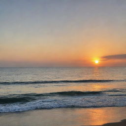 A serene view of the ocean at sunset. The calm sea reflects the setting sun like a mirror, creating a soothing, tranquil scene.