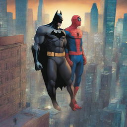 A detailed illustration of Batman meeting Spider-Man in a dynamic urban setting