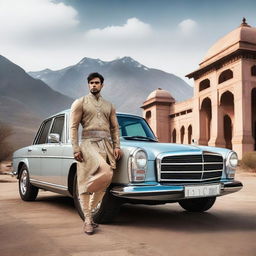 An Indian warrior in traditional attire, complete with intricate armor and a sword, is kneeling in a respectful pose before a modern Mercedes Benz car