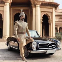 An Indian warrior in traditional attire, complete with intricate armor and a sword, is kneeling in a respectful pose before a modern Mercedes Benz car