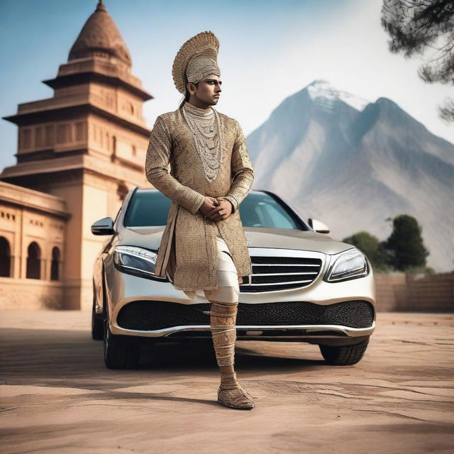 An Indian warrior in traditional attire, complete with intricate armor and a sword, is kneeling in a respectful pose before a modern Mercedes Benz car