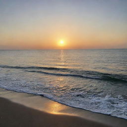 A serene view of the ocean at sunset. The calm sea reflects the setting sun like a mirror, creating a soothing, tranquil scene.