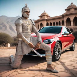 An Indian warrior in traditional attire, complete with intricate armor and a sword, is kneeling in a respectful pose before a modern Mercedes Benz car