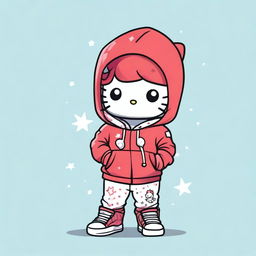 A cute Hello Kitty character wearing star-patterned pants and a Jordan hoodie with red hair