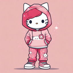 A cute Hello Kitty character wearing star-patterned pants and a Jordan hoodie with red hair