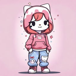 A cute Hello Kitty character wearing star-patterned pants and a Jordan hoodie with red hair