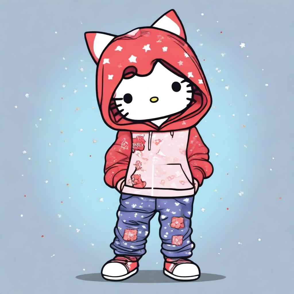 A cute Hello Kitty character wearing star-patterned pants and a Jordan hoodie with red hair