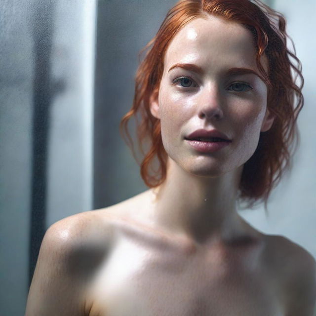 Create a realistic image of a young woman, 24 years old, with a slim body, red hair, and hazel eyes, in the shower