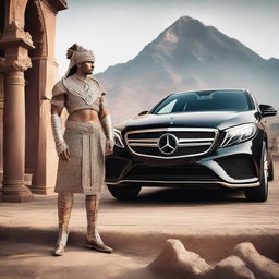 An Indian warrior in traditional attire, complete with intricate armor and a sword, is kneeling and facing a modern Mercedes Benz car