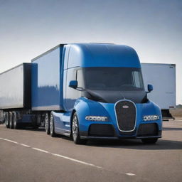 Bugatti cars transformed into stylish semi-trucks, merging the high-end Bugatti design and power, with the size and functionality of a trailer truck.