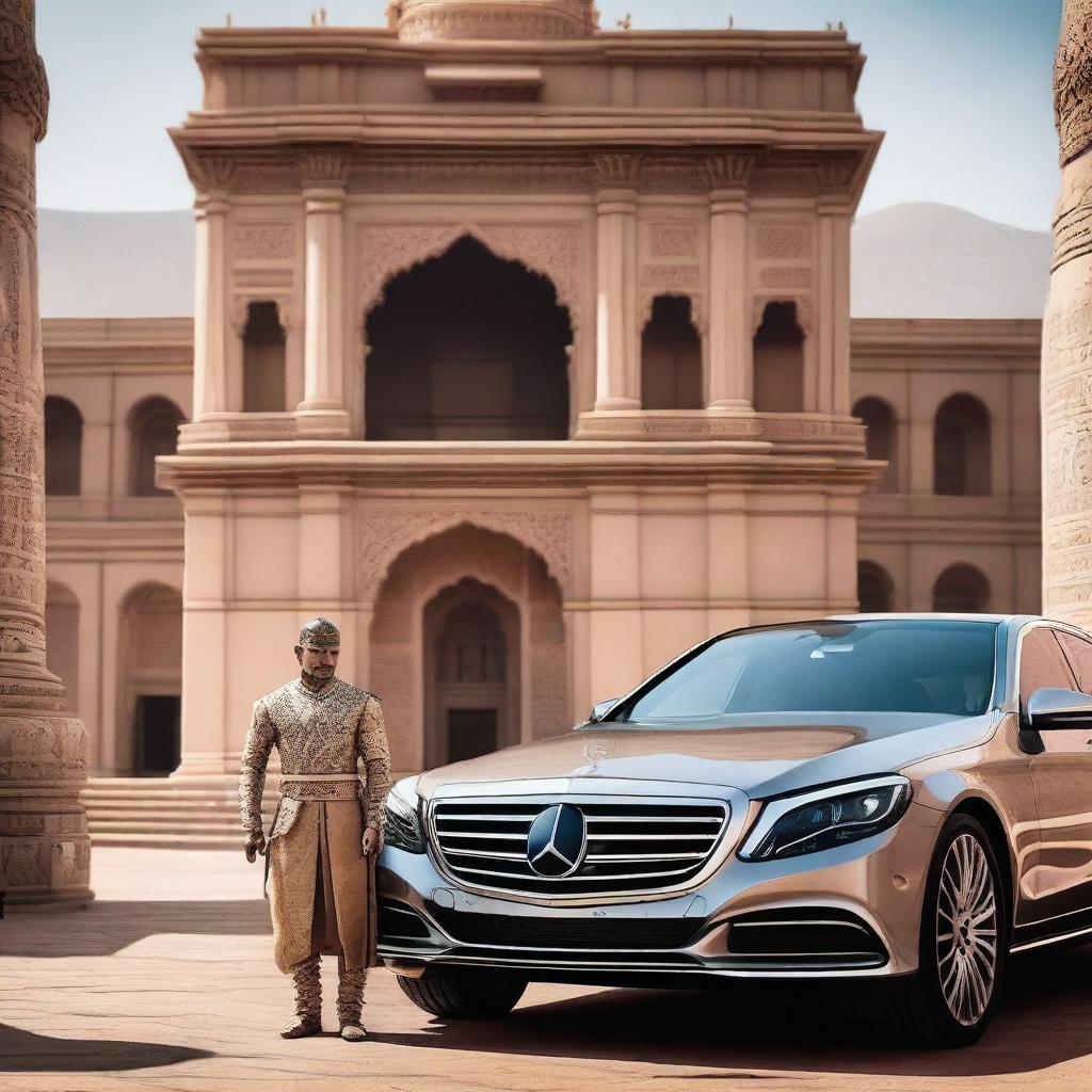 An Indian warrior in traditional attire, complete with intricate armor and a sword, is kneeling and facing a modern Mercedes Benz car