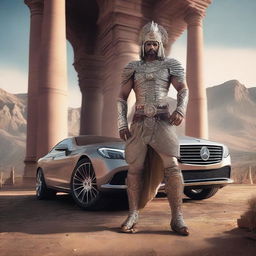 An Indian warrior in traditional attire, complete with intricate armor and a sword, is kneeling and facing a modern Mercedes Benz car