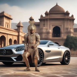 An Indian warrior in traditional attire, complete with intricate armor and a sword, is kneeling and facing a modern Mercedes Benz car