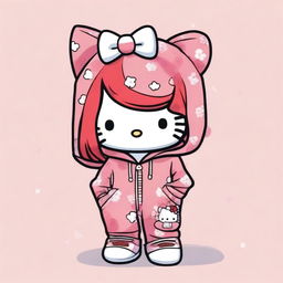 Hello Kitty wearing star-patterned pajama pants, a Jordan hoodie, with red hair, a black headband, and freckles