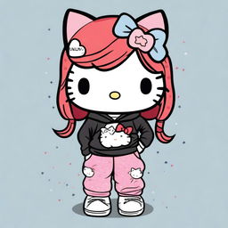 Hello Kitty wearing star-patterned pajama pants, a Jordan hoodie, with red hair, a black headband, and freckles