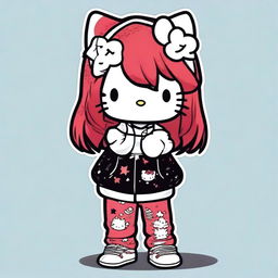 Hello Kitty wearing star-patterned pajama pants, a Jordan hoodie, with red hair, a black headband, and freckles