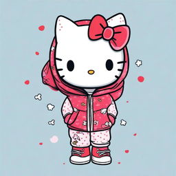 Hello Kitty wearing star-patterned pajama pants, a Jordan hoodie, with red hair, a black headband, and freckles