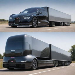 Bugatti cars transformed into stylish semi-trucks, merging the high-end Bugatti design and power, with the size and functionality of a trailer truck.