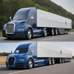 Bugatti cars transformed into stylish semi-trucks, merging the high-end Bugatti design and power, with the size and functionality of a trailer truck.