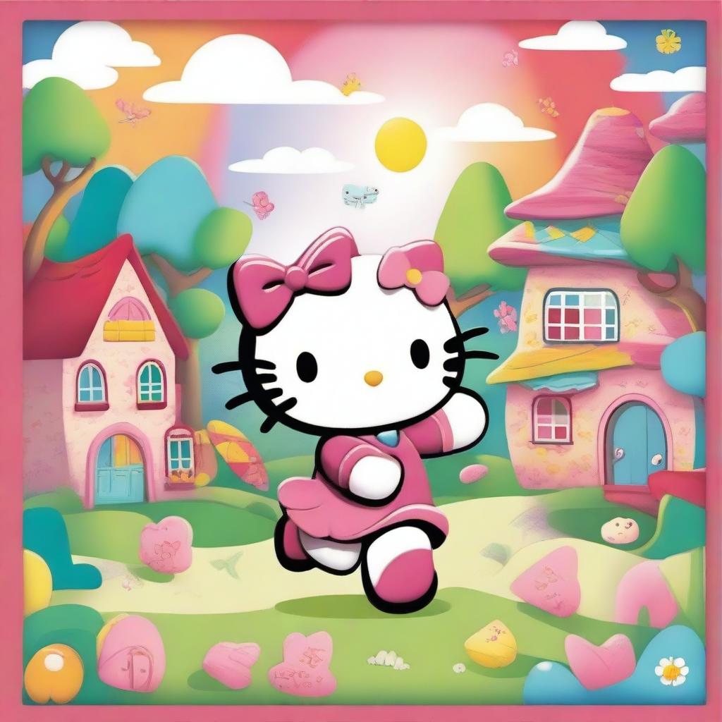 A cute and playful scene featuring Hello Kitty chasing after you in a whimsical and colorful environment