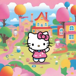 A cute and playful scene featuring Hello Kitty chasing after you in a whimsical and colorful environment