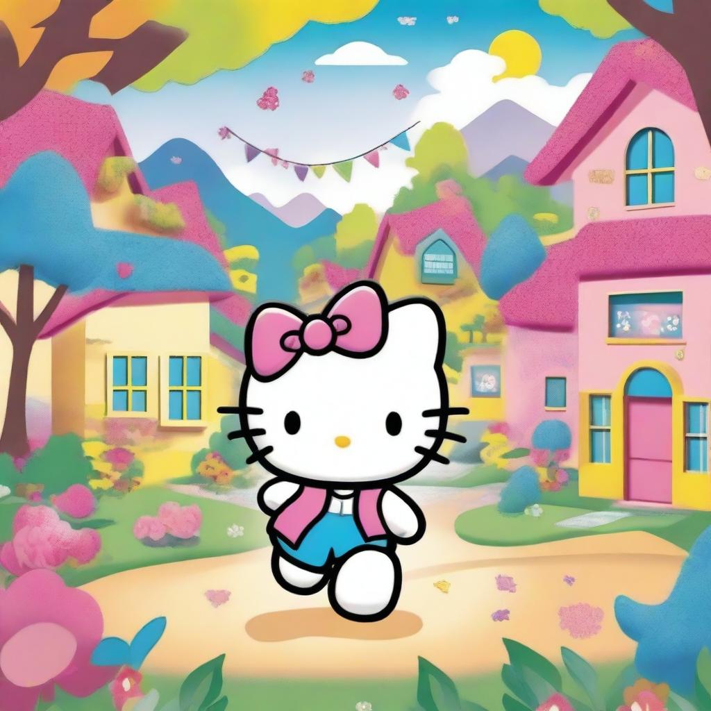 A cute and playful scene featuring Hello Kitty chasing after you in a whimsical and colorful environment