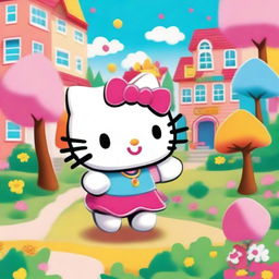 A cute and playful scene featuring Hello Kitty chasing after you in a whimsical and colorful environment