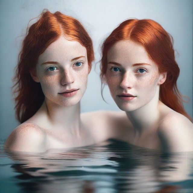 Create a realistic image of two young women, both 24 years old, with slim bodies, one with red hair and hazel eyes, bathing together, full body view