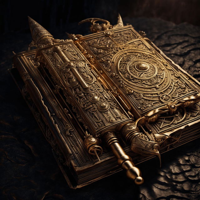 An image of two golden tridents crossed over an old, weathered book with a dark, textured background, creating a mystical and intriguing atmosphere