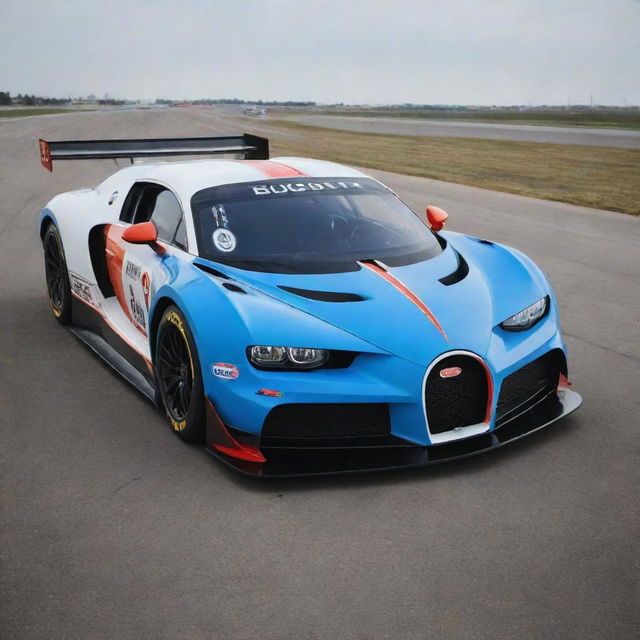 Bugatti cars redesigned into NASCAR-style racing vehicles, reflecting a sleek aerodynamic design, vivid racing colors and logos, outfitted for high-speed racing.