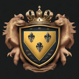 A coat of arms featuring two golden tridents crossing each other, with a shield, crown, and heraldic elements, set against a dark, textured background