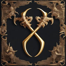 An image of two golden tridents crossing each other, with intricate details and a dark, textured background.