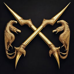 An image of two golden tridents crossing each other, with intricate details and a dark, textured background.