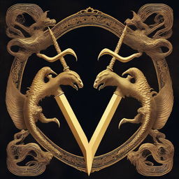 An image of two golden tridents crossing each other, with intricate details and a dark, textured background.