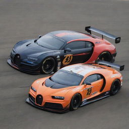 Bugatti cars redesigned into NASCAR-style racing vehicles, reflecting a sleek aerodynamic design, vivid racing colors and logos, outfitted for high-speed racing.