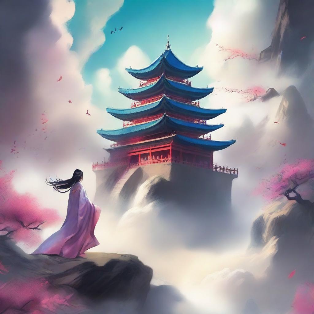 Create an ethereal and adventurous cover for a Xianxia novel titled '羽衣常带烟霞色'